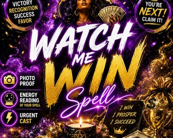 Könnte beinhalten: Eine digitale Grafik mit dem Text WATCH ME WIN Spell und einer gekrönten Person, die Bargeld hält. Zu sehen sind eine brennende Kerze mit Pentagramm, ein goldener Pokal, Geldbündel, violetter Rauch sowie der Text VICTORY RECOGNITION SUCCESS FAVOR, YOU'RE NEXT! CLAIM IT! und I WIN I PROSPER I SUCCEED.