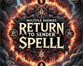 May include: A fiery orange and yellow album cover with the text "MULTIPLE ENEMIES RETURN TO SENDER SPELL" in a black, gothic font. The cover features a circular design with a black and red background and a glowing orange center.