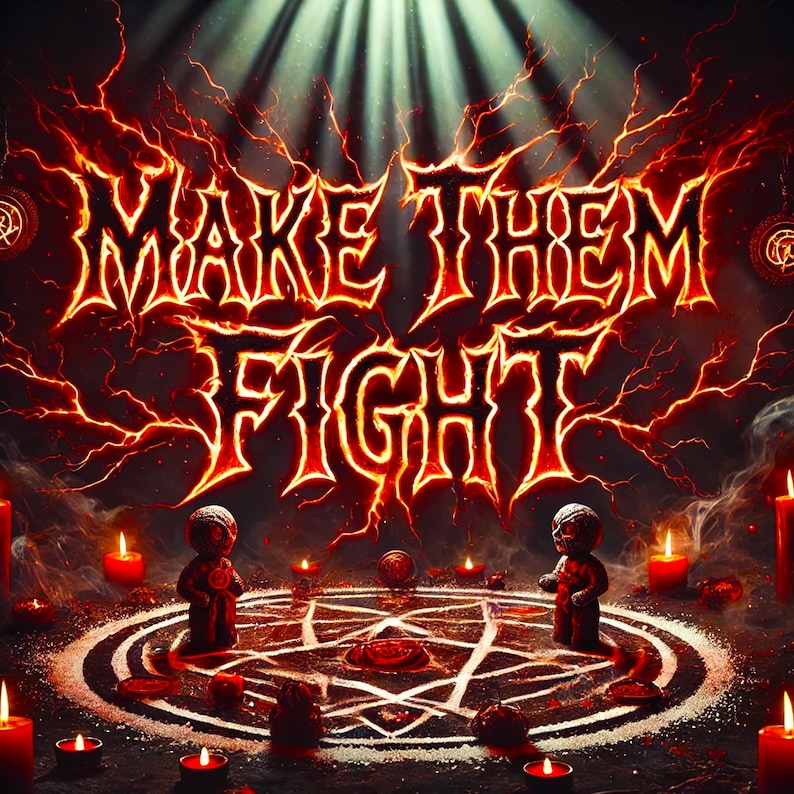 May include: A fiery red and orange graphic design with the text "MAKE THEM FIGHT" in a heavy metal font. Two small figures stand on either side of a pentagram with candles surrounding them.