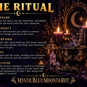 May include: A dark, atmospheric graphic featuring the text THE RITUAL and five steps: PREPARE, CONNECT, PERFORM, SEAL, and DELIVER. The image displays purple candles, a metal cauldron, crystals, and a stack of books labelled INTENTION, ALIGNMENT, MANIFESTATION, HIGHER GUIDANCE, and REAL RESULTS, with the brand name MYSTICBLUUMOONTAROT at the bottom.