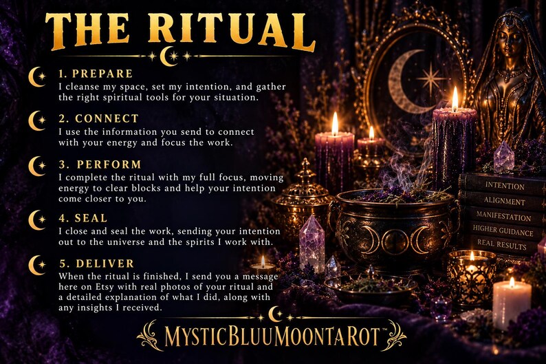 May include: A dark, atmospheric graphic featuring the text THE RITUAL and five steps: PREPARE, CONNECT, PERFORM, SEAL, and DELIVER. The image displays purple candles, a metal cauldron, crystals, and a stack of books labelled INTENTION, ALIGNMENT, MANIFESTATION, HIGHER GUIDANCE, and REAL RESULTS, with the brand name MYSTICBLUUMOONTAROT at the bottom.
