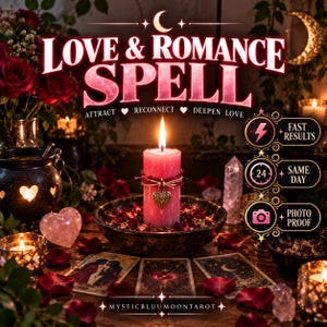 May include: A pink pillar candle with a heart charm sits in a bowl surrounded by rose petals, tarot cards, and crystals. Text reads: LOVE & ROMANCE SPELL, ATTRACT RECONNECT DEEPEN LOVE, FAST RESULTS, SAME DAY, PHOTO PROOF, and MYSTICBLUUMOONTAROT.