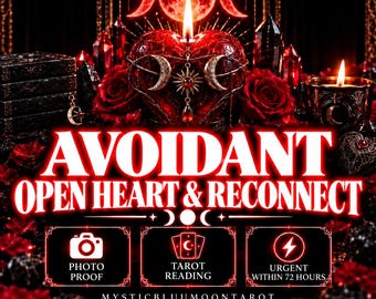 Puede incluir: Un gráfico digital que presenta una vela roja en forma de corazón con una llama, rodeada de rosas rojas y cristales. El texto dice AVOIDANT OPEN HEART & RECONNECT, PHOTO PROOF, TAROT READING, URGENT WITHIN 72 HOURS y MYSTICBLUUMOONTAROT.
