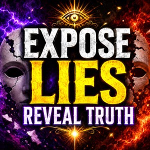 Könnte beinhalten: Digitalgrafik mit den Worten "EXPOSE LIES REVEAL TRUTH" in Weiß und Gelb. Der Hintergrund zeigt ein geteiltes Design mit einer zerbrochenen Maske auf der linken Seite und feuriger Energie auf der rechten Seite. Ein Augensymbol befindet sich oben.