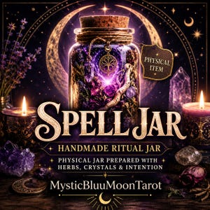 May include: A glass jar with a cork stopper containing herbs, crystals, and a tree of life charm. The text reads SPELL JAR, HANDMADE RITUAL JAR, PHYSICAL ITEM, PHYSICAL JAR PREPARED WITH HERBS, CRYSTALS & INTENTION, and MysticBluuMoonTarot.