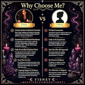 May include: A comparison chart titled Why Choose Me? featuring Yisney Mysticbluumoon tarot versus others. The graphic uses a dark purple background with crystals, candles, and roses. It lists five points of service comparison with checkmarks and X marks.