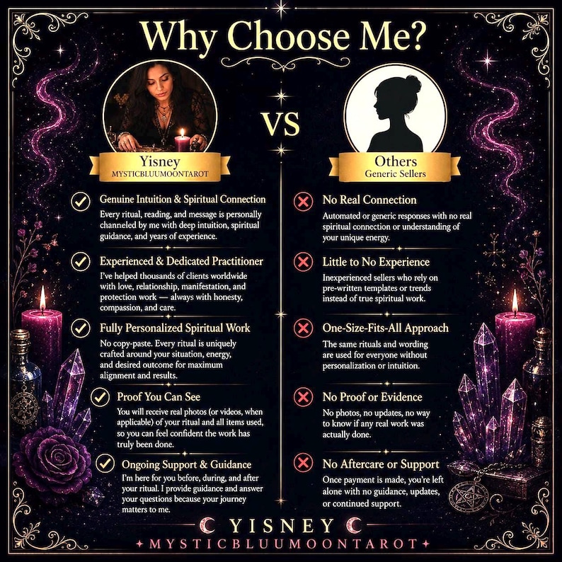 May include: A comparison chart titled Why Choose Me? featuring Yisney Mysticbluumoon tarot versus others. The graphic uses a dark purple background with crystals, candles, and roses. It lists five points of service comparison with checkmarks and X marks.