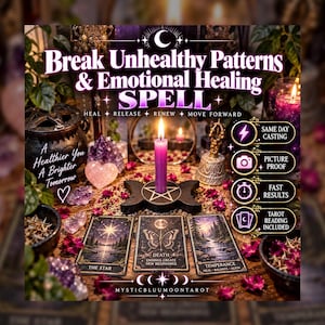 May include: A purple candle sits on a black pentacle holder surrounded by three tarot cards labelled The Star, Death, and Temperance. The image features text including Break Unhealthy Patterns & Emotional Healing SPELL, and icons for same day casting, picture proof, fast results, and tarot reading included.