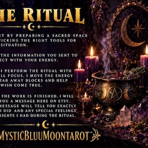May include: A dark, atmospheric display featuring the text THE RITUAL and MYSTICBLUUMOONTAROT. A black cauldron emits smoke, surrounded by purple candles, crystals, and a stack of books labelled Intention, Alignment, Protection, Manifestation, and Divine Guidance.