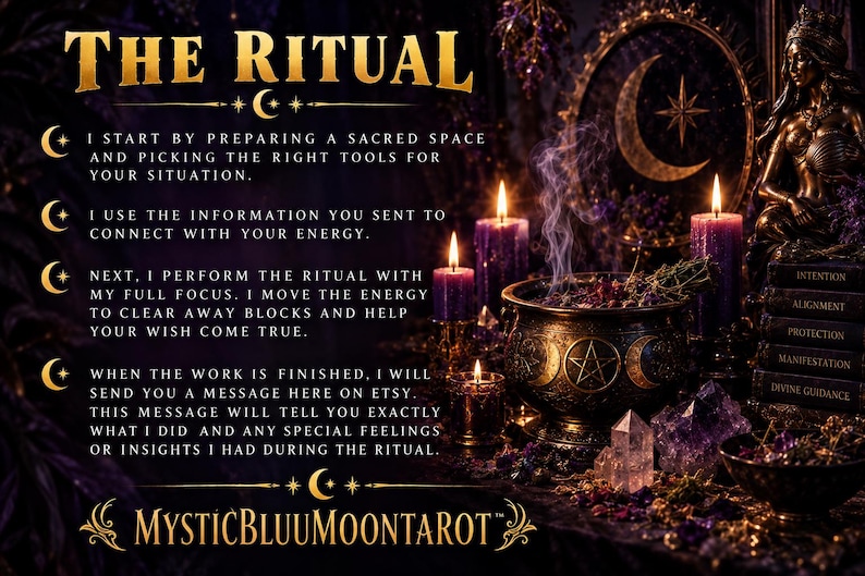 May include: A dark, atmospheric display featuring the text THE RITUAL and MYSTICBLUUMOONTAROT. A black cauldron emits smoke, surrounded by purple candles, crystals, and a stack of books labelled Intention, Alignment, Protection, Manifestation, and Divine Guidance.