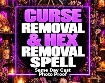 May include: A digital graphic featuring the text CURSE REMOVAL & HEX REMOVAL SPELL, Same Day Cast Photo Proof, and MysticBluuMoonTarot. The background displays a dark, mystical setting with purple lighting, lit candles, crystals, and dried herbs.