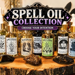 May include: A collection of glass dropper bottles labeled Spell Oil Collection, Choose Your Intention. Each bottle features a unique white or green label with black ink illustrations and text including Quita Maldición, Rompezaraguey, Blockbuster, Wicked Payback, Abre Camino, Manifestation, and Hyssop.