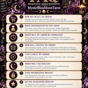May include: A dark purple and gold FAQ information graphic for MysticBluuMoonTarot. The image features eight numbered sections with icons, detailing order processes, timelines, cancellation policies, privacy, and service expectations on a dark background.