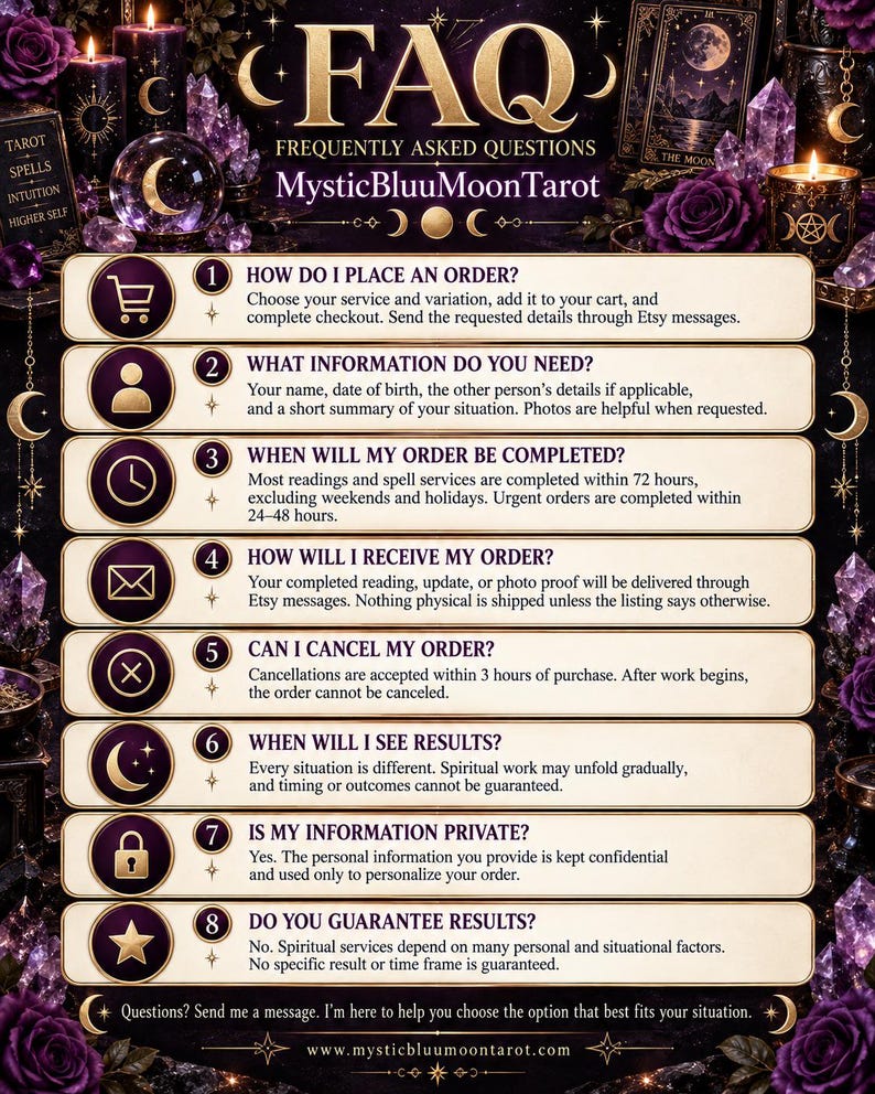 May include: A dark purple and gold FAQ information graphic for MysticBluuMoonTarot. The image features eight numbered sections with icons, detailing order processes, timelines, cancellation policies, privacy, and service expectations on a dark background.