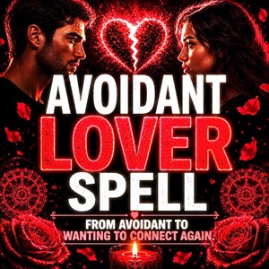Peut inclure: Un graphique numérique montrant un homme et une femme se faisant face avec un cœur brisé lumineux au-dessus d'eux. Le texte indique AVOIDANT LOVER SPELL FROM AVOIDANT TO WANTING TO CONNECT AGAIN. Des roses rouges, des symboles occultes et des pétales.