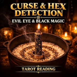 May include: A black candle with textured herbs burns in a dark metal bowl filled with coarse salt. The text reads CURSE & HEX DETECTION EVIL EYE & BLACK MAGIC and TAROT READING. Wisps of smoke rise from the lit wick against a dark background.