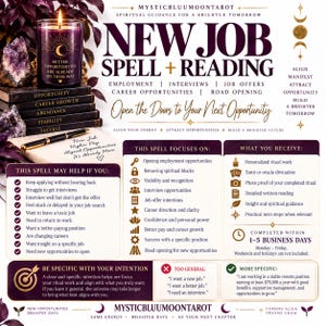 May include: A promotional graphic for a New Job Spell and Reading service. The text includes headings like New Job Spell + Reading, lists of focus areas, and what is received. A purple candle, crystals, and a pen on a notepad are visible.