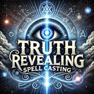 May include: A blue eye with a bright blue light shining from it, surrounded by a swirling, cosmic background. The text "Truth Revealing Spell Casting" is written in a vintage font.