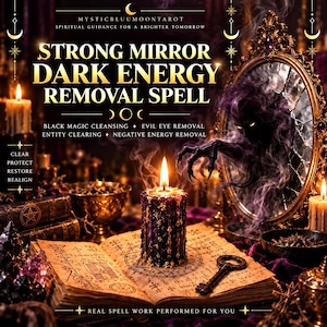 May include: A dark purple candle with gold accents sits on an open book featuring occult symbols and a metal key. Behind it, a mirror reflects a shadowy figure amidst smoke. Text reads: STRONG MIRROR DARK ENERGY REMOVAL SPELL, MYSTICBLUUMOONTAROT.