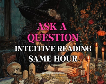 May include: A digital illustration of a person in a wide-brimmed hat sitting at a table with a skull, candles, and tarot cards. The text reads ASK A QUESTION INTUITIVE READING SAME HOUR and mysticbluumontarot. The scene features dark, moody tones.