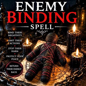 Może przedstawiać: Mroczny obraz z lalką voodoo związaną czerwoną nicią, otoczoną zapalonymi czarnymi świecami i łańcuchem. Tekst głosi "ENEMY BINDING SPELL" z intencjami takimi jak "Bind Their Negativity" i "Return Their Energy Back".