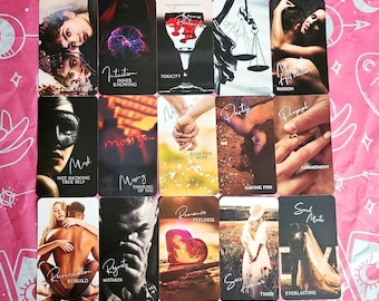 May include: A set of 12 tarot cards with various images and text. The cards are in a grid of four rows and three columns. The cards feature images of people, objects, and abstract concepts. The text on the cards includes words like "Intuition", "Miss You", "Renewal", "Romance", "Party", "Proposal", "Reconciliation", "Regrets", "Soul Mate", "Secret Admirer", "Mask", and "Toxicity".
