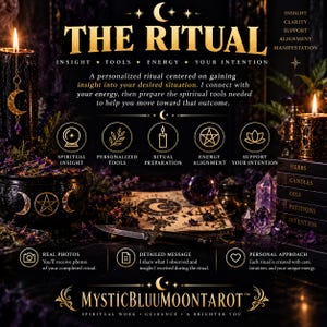 May include: A promotional graphic titled THE RITUAL featuring gold text on a dark background. It lists services including spiritual insight, personalised tools, and ritual preparation, with icons and text describing a personalised ritual service.
