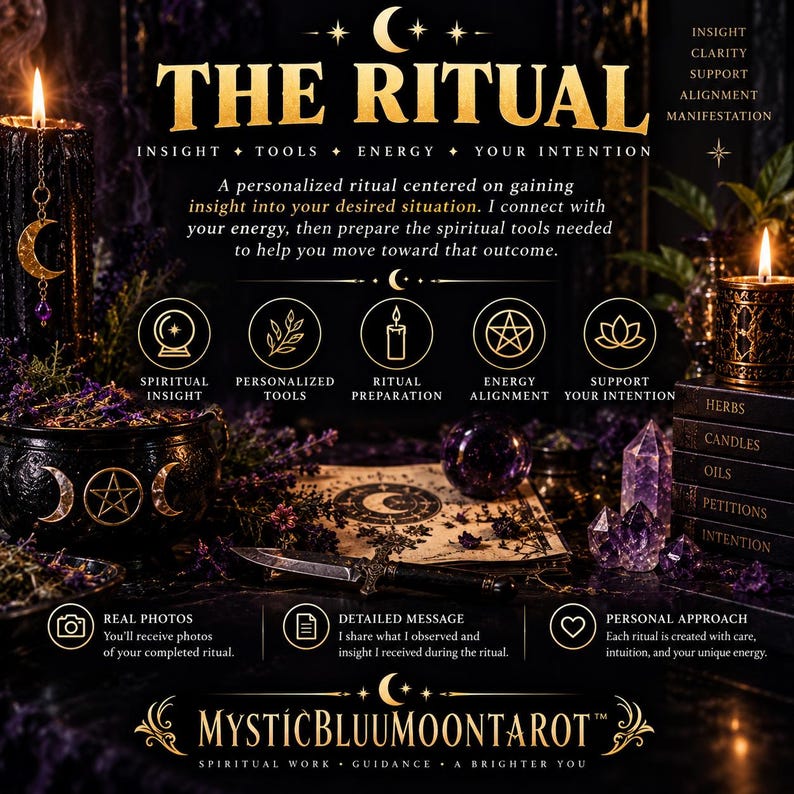 May include: A promotional graphic titled THE RITUAL featuring gold text on a dark background. It lists services including spiritual insight, personalised tools, and ritual preparation, with icons and text describing a personalised ritual service.