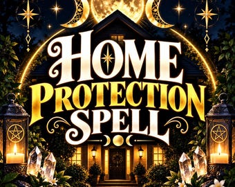 May include: A graphic design featuring the text Home Protection Spell in gold lettering. The image includes a house silhouette, a full moon, crescent moons, stars, two lanterns with lit candles and pentacles, and clear crystals with white flowers.