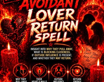 Puede incluir: Un gráfico digital con un fondo rojo y naranja ardiente que presenta el texto AVOIDANT LOVER RETURN SPELL, un corazón roto encadenado, dos velas, siluetas de dos personas y cuatro iconos circulares con símbolos y etiquetas de texto.