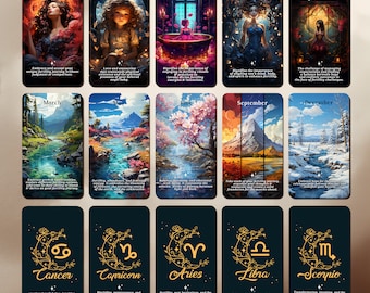 Może przedstawiać: Zestaw 12 kart tarota z ilustracjami różnych scen i symboli zodiaku. Karty są zaprojektowane z ciemnoniebieskim tłem i złotymi akcentami. Karty zawierają tekst, taki jak "Acceptance", "Angel Baby", "Fertility Rituals", "Alignment", "Managing Expectations", "March", "May", "June", "September", "December", "Cancer", "Capricorn", "Aries", "Libra", i "Scorpio".
