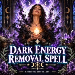 May include: A person with long dark hair holds a lit white candle, surrounded by purple smoke, glowing crescent moons, and clusters of purple crystals. The text reads DARK ENERGY REMOVAL SPELL and mysticbluumoontarot in a dark, mystical setting.