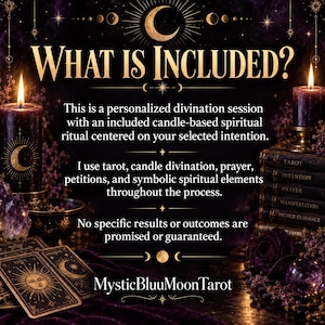May include: A dark-themed informational graphic titled WHAT IS INCLUDED? featuring text about a personalised divination session, tarot, and candle rituals. The image includes lit purple candles, stacked books, and tarot cards with celestial designs.