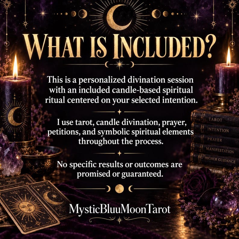 May include: A dark-themed informational graphic titled WHAT IS INCLUDED? featuring text about a personalised divination session, tarot, and candle rituals. The image includes lit purple candles, stacked books, and tarot cards with celestial designs.