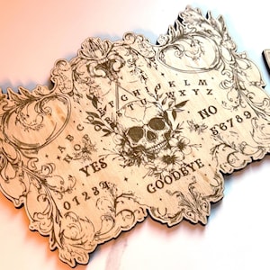 Floral Skull Wood Ouija Board with Planchette: Laser-Engraved Divination Tool