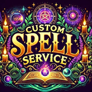 Op de afbeelding: Een logo voor een aangepaste spreukenservice met een gouden inscriptie op een zwarte achtergrond. Het logo toont een boek, kaarsen en magische symbolen.