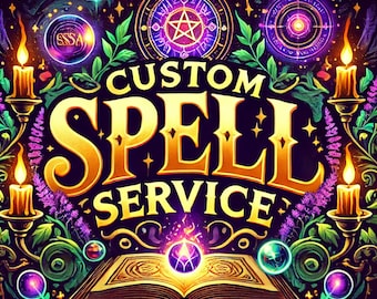 May include: A custom spell service logo with a golden inscription on a black background. The logo features a book, candles, and magical symbols.