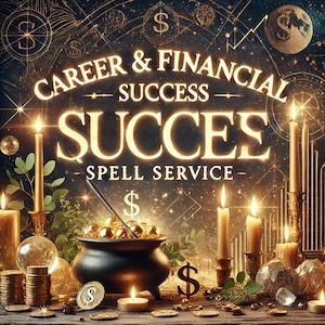 May include: A dark background with a gold and black design featuring the text "Career & Financial Success" and "Spell Service". The image also includes a black cauldron filled with gold coins, candles, and other magical items.