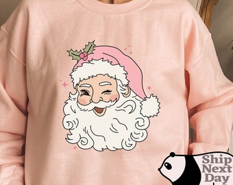 Retro Pink Santa Christmas Sweatshirt, Vintage Holiday Sweater, Gift for Woman, Christmas PJs Matching Family Pajamas, Retro Christmas Shirt