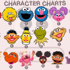 Puede incluir: Un colorido cuadro de personajes con 18 caras de dibujos animados. Los personajes incluyen un monstruo rojo, un p&aacute;jaro amarillo, un monstruo azul, un monstruo azul con una nariz rosa, un personaje rosa con pelo morado y un personaje verde con una tapa de cubo de basura.