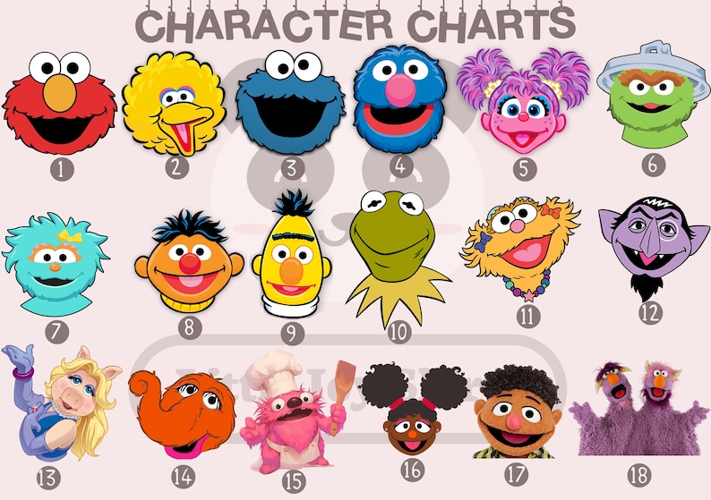 Puede incluir: Un colorido cuadro de personajes con 18 caras de dibujos animados. Los personajes incluyen un monstruo rojo, un p&aacute;jaro amarillo, un monstruo azul, un monstruo azul con una nariz rosa, un personaje rosa con pelo morado y un personaje verde con una tapa de cubo de basura.