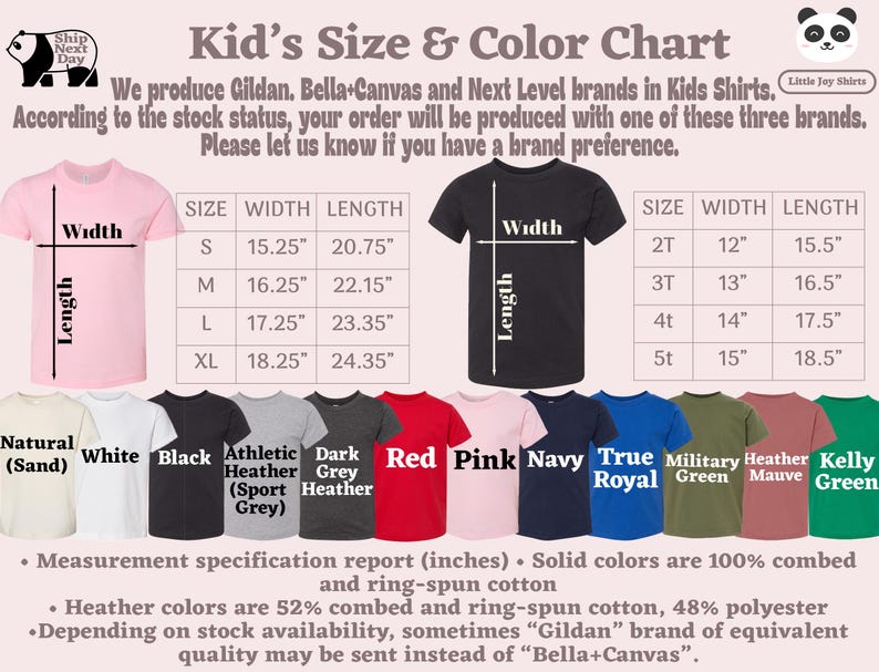 Puede incluir: Tabla de tallas y colores para camisetas infantiles. Incluye medidas en pulgadas para las tallas S a XL y 2T a 5T. Los colores incluyen natural, blanco, negro, gris jaspeado deportivo, gris jaspeado oscuro, rojo, rosa, azul marino, azul real, verde militar, malva jaspeado y verde kelly.