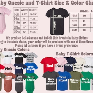 Puede incluir: Una tabla de tallas y colores para bodies y camisetas de beb&eacute;. La tabla incluye medidas de talla, ancho y largo en pulgadas. Las opciones de color incluyen rojo, rosa, azul marino y m&aacute;s. El texto menciona las marcas Bella+Canvas y Rabbit Skin.