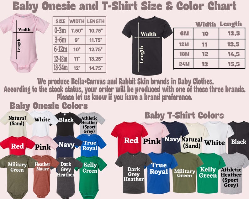 Puede incluir: Una tabla de tallas y colores para bodies y camisetas de beb&eacute;. La tabla incluye medidas de talla, ancho y largo en pulgadas. Las opciones de color incluyen rojo, rosa, azul marino y m&aacute;s. El texto menciona las marcas Bella+Canvas y Rabbit Skin.