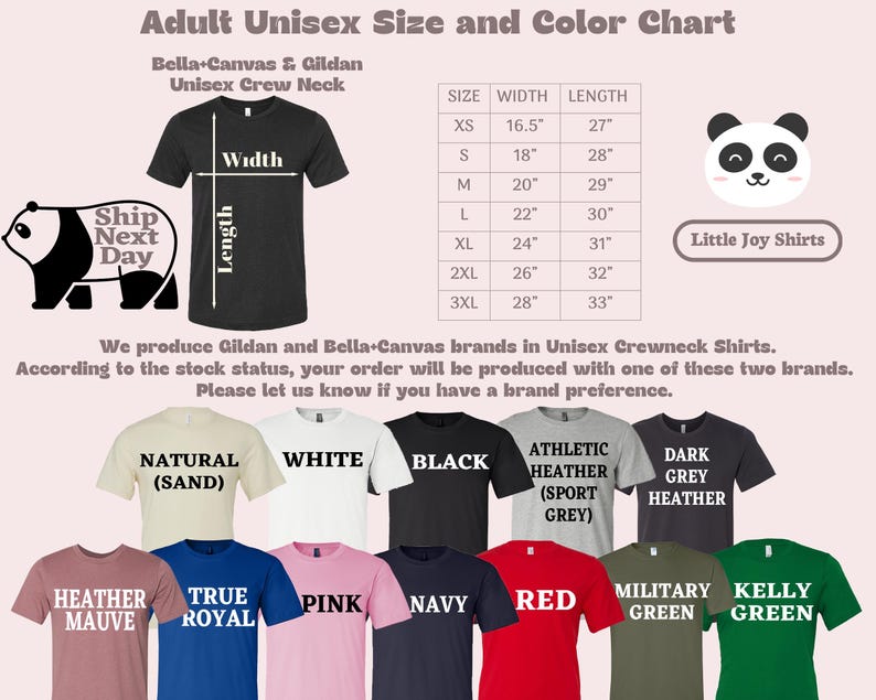 Puede incluir: Una tabla de tallas y colores para camisetas de cuello redondo unisex para adultos. La tabla incluye medidas en cm para las tallas XS a 3XL. Los colores de las camisetas incluyen natural, blanco, negro, brezo malva, azul real, rosa, marino, rojo, verde militar y verde kelly.