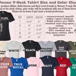Puede incluir: Tabla de tallas y colores para camisetas de mujer con cuello en V, con colores como blanco, negro y azul marino. La tabla incluye medidas en pulgadas para las tallas S a 2XL, con detalles sobre la composici&oacute;n de la tela.