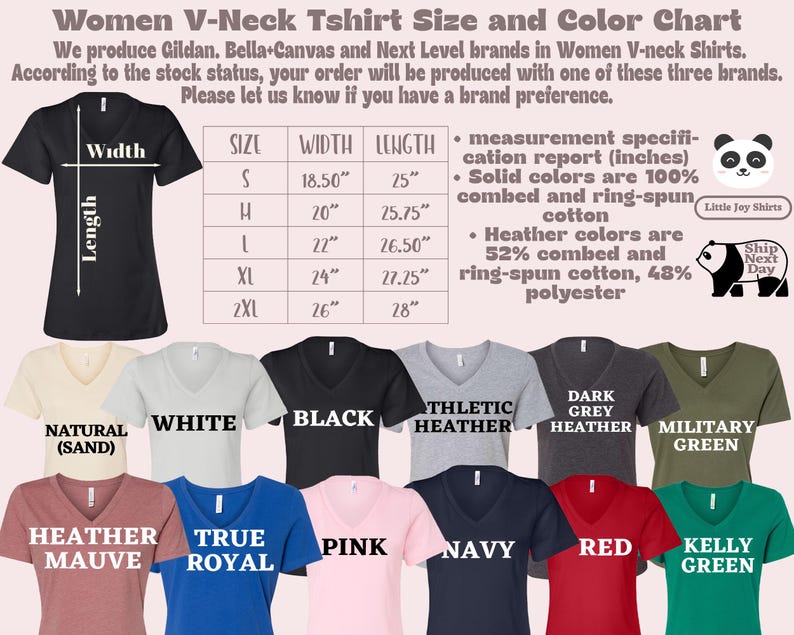 Puede incluir: Tabla de tallas y colores para camisetas de mujer con cuello en V, con colores como blanco, negro y azul marino. La tabla incluye medidas en pulgadas para las tallas S a 2XL, con detalles sobre la composici&oacute;n de la tela.