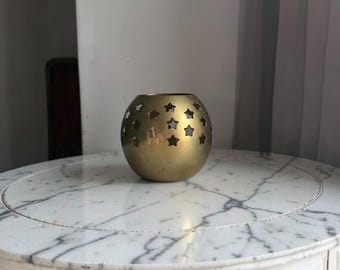 Vintage Brass Celestial Star Pillar Candle Holder , made in India