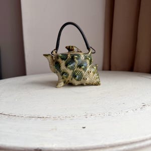 Vintage Japanese Ceramic Conch Seashell Mini Teapot with Rattan Wrapped Wire Handle