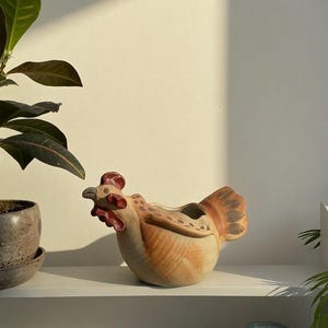 May include: A ceramic rooster-shaped planter with a red comb and wattle, and brown and tan feathers. The planter is on a white shelf with a plant in the background. The rooster is a decorative item.